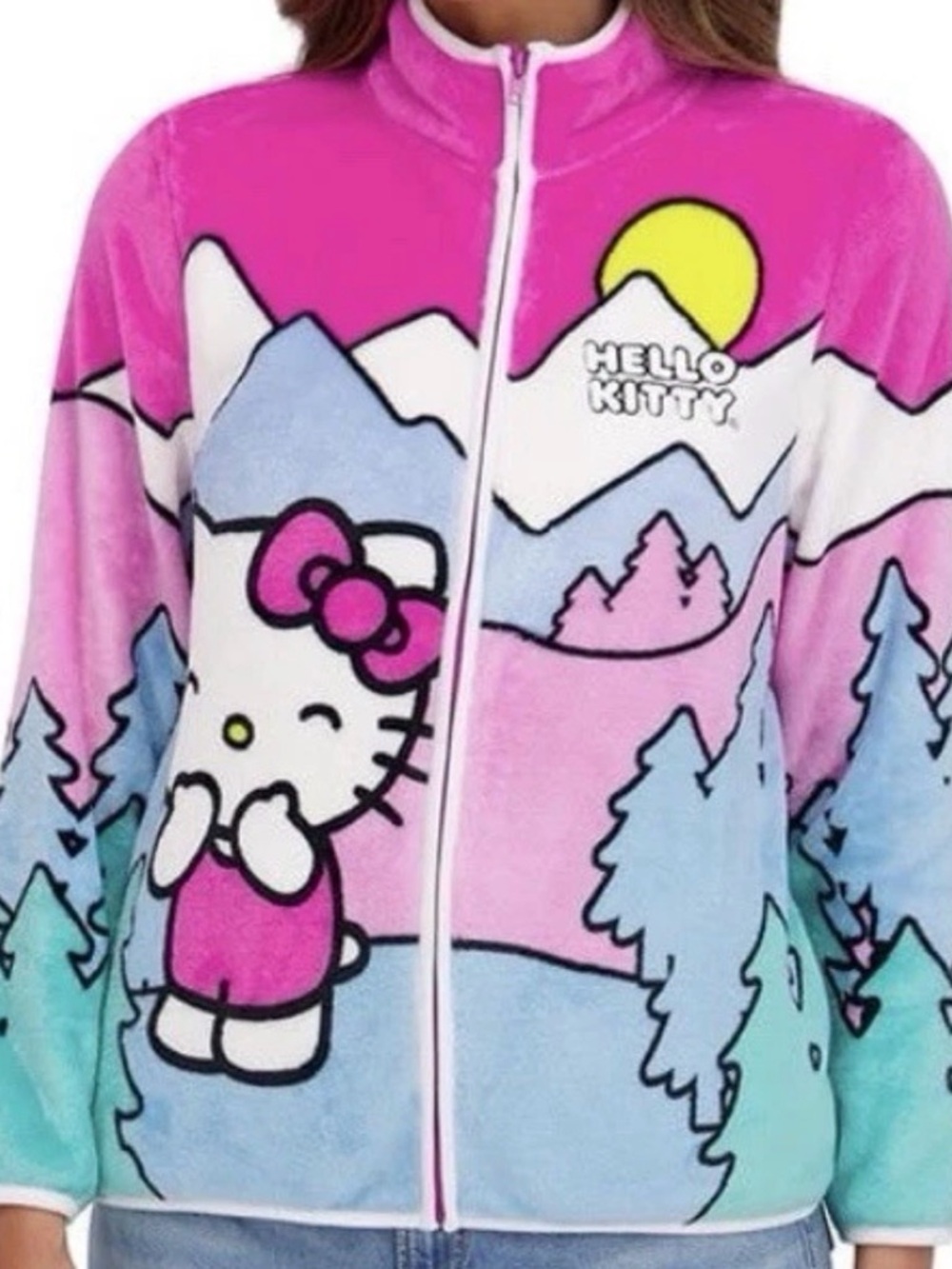 NWT Hello Kitty Character Sherpa Jacket Women Zip Front Scenic Cozy Fleece